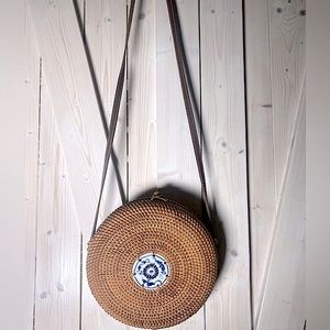 Bali Blue resort purse - coastal crossbody natural woven round + white blue tile